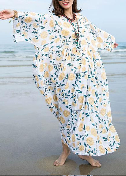 Unique O Neck Extra Large Hem Linen Dress Pattern White Print Dresses Summer