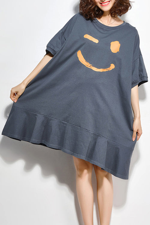 Unique O Neck Half Sleeve Cotton Quilting Clothes Work Outfits Gray Tunic Dresses Summer