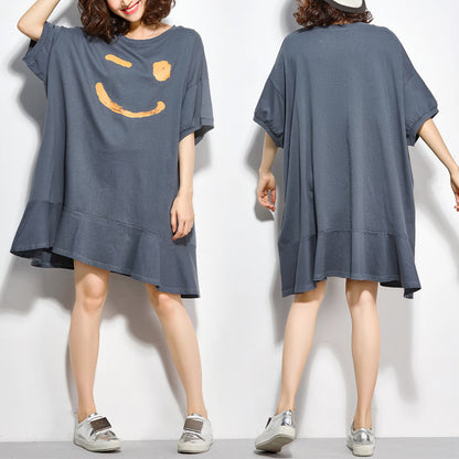 Unique O Neck Half Sleeve Cotton Quilting Clothes Work Outfits Gray Tunic Dresses Summer