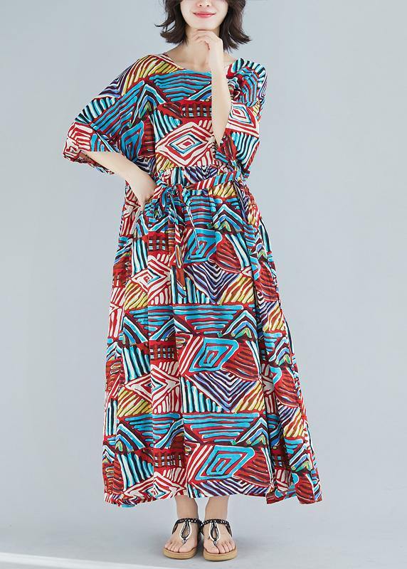 Unique O Neck Large Hem Cotton Clothes Design Blue Print Dresses Summer