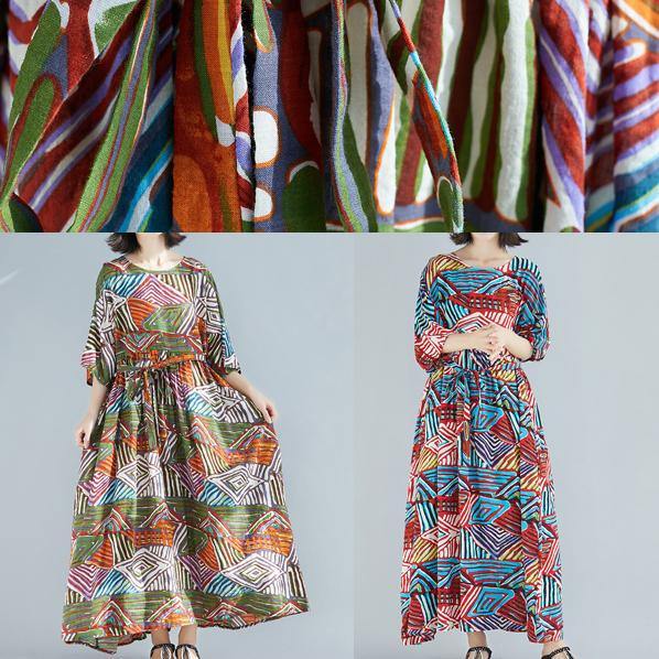 Unique O Neck Large Hem Cotton Clothes Design Blue Print Dresses Summer