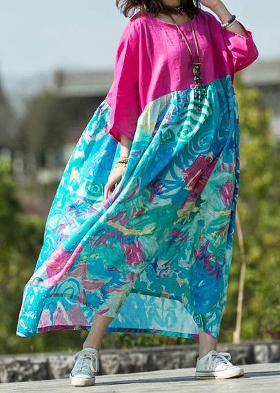 Unique O Neck Large Hem Cotton Linen Clothes for Rose Patchwork Dresses Summer
