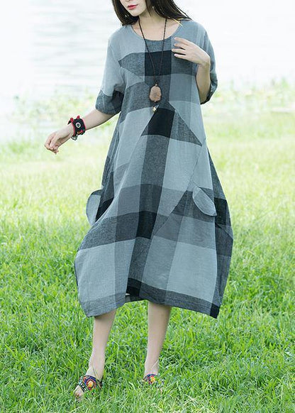 Unique O Neck Linen Dresses Light Gray Plaid Patchwork Loose Dresses Sundress