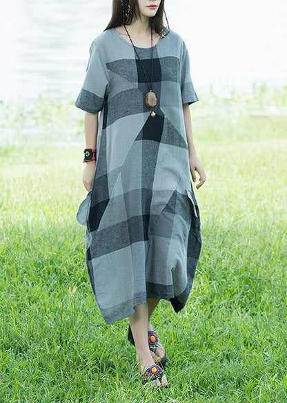 Unique O Neck Linen Dresses Light Gray Plaid Patchwork Loose Dresses Sundress