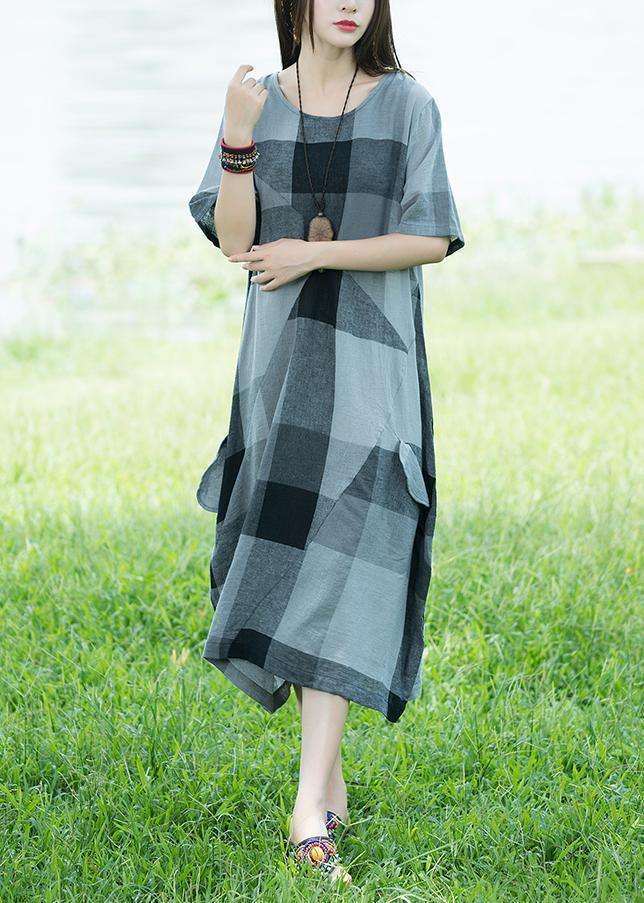 Unique O Neck Linen Dresses Light Gray Plaid Patchwork Loose Dresses Sundress
