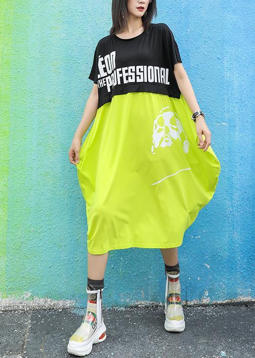 Unique O Neck Patchwork Cotton Dresses Wardrobes Black Green Print Dresses Summer