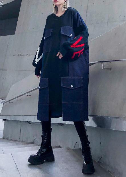 Unique O Neck Patchwork Long Shirts Pattern Black Maxi Dress