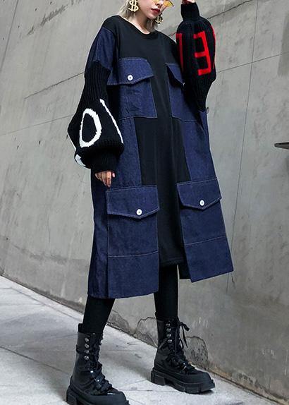 Unique O Neck Patchwork Long Shirts Pattern Black Maxi Dress