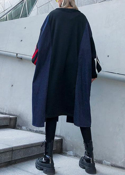 Unique O Neck Patchwork Long Shirts Pattern Black Maxi Dress