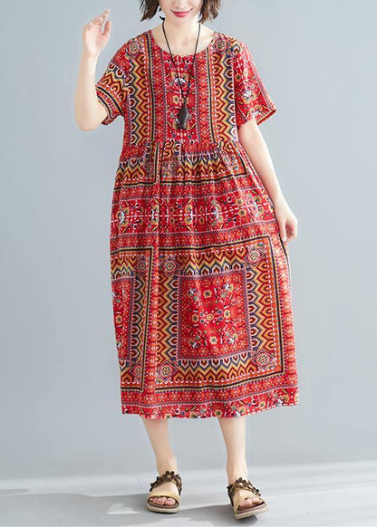 Unique O Neck Patchwork Cotton Dresses Shape Red Print a Line Dress Summer