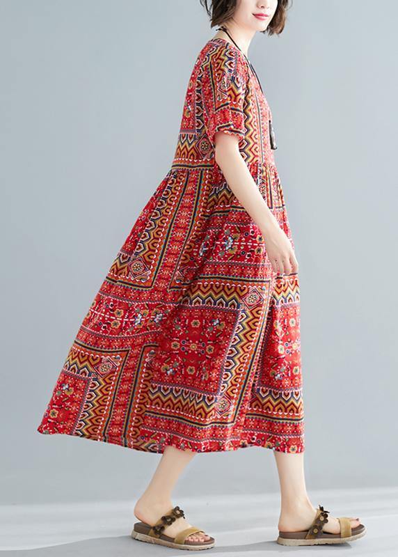 Unique O Neck Patchwork Cotton Dresses Shape Red Print a Line Dress Summer