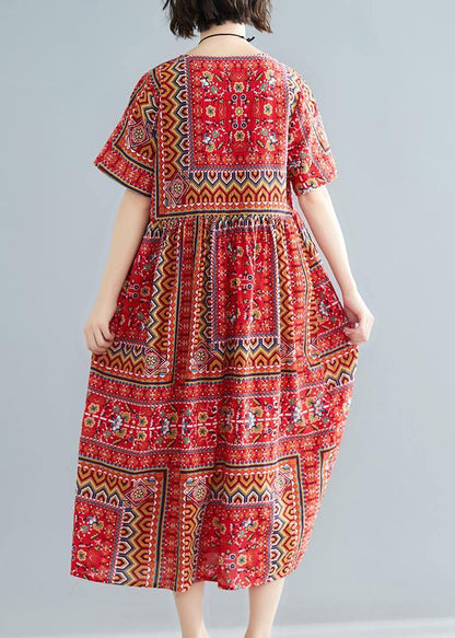 Unique O Neck Patchwork Cotton Dresses Shape Red Print a Line Dress Summer
