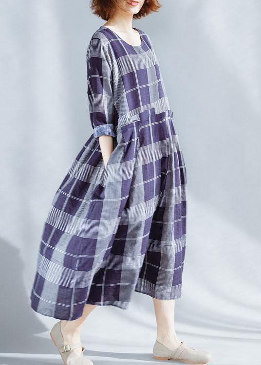 Unique O Neck Patchwork Cotton Outfit Catwalk Blue Plaid Dresses Summer