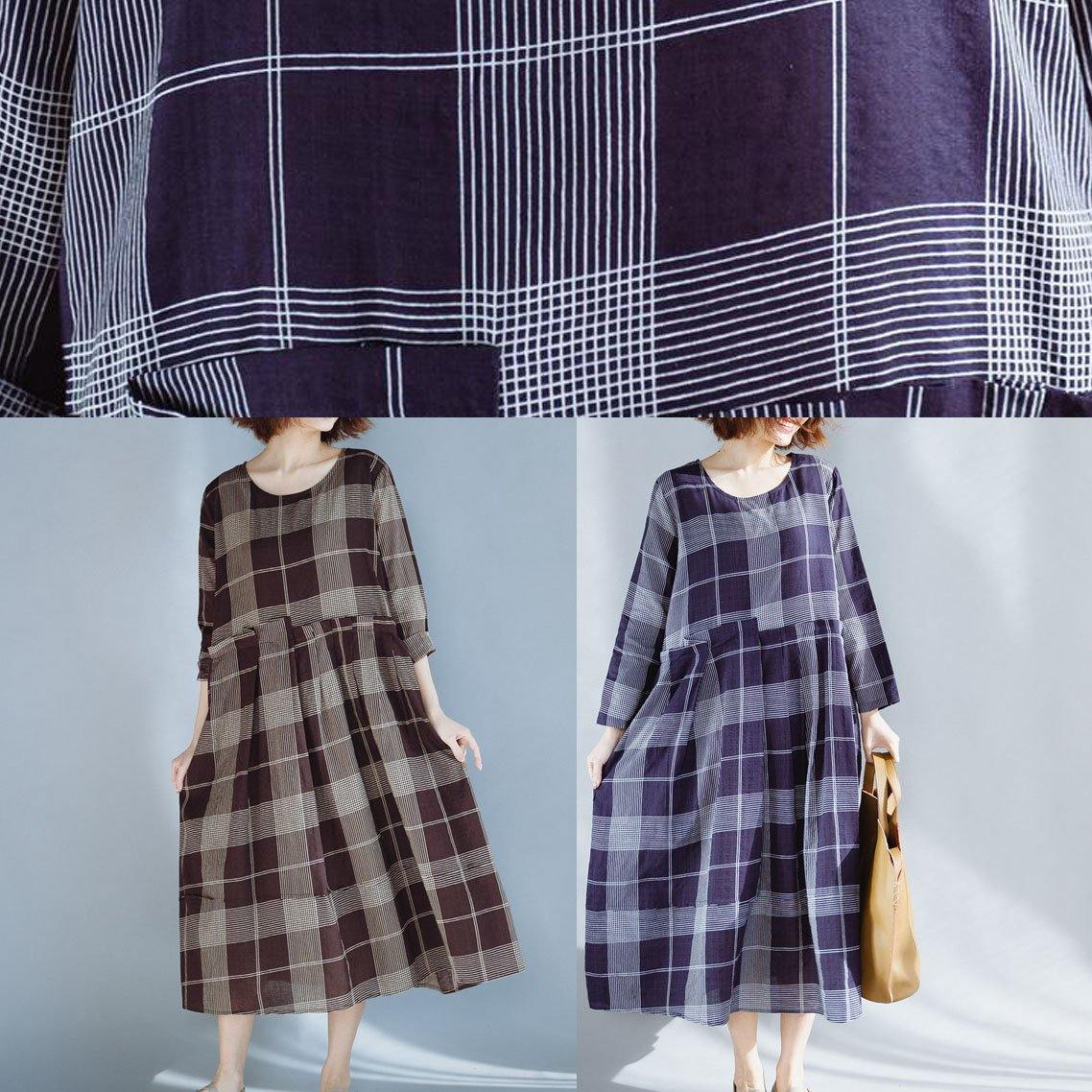 Unique O Neck Patchwork Cotton Outfit Catwalk Blue Plaid Dresses Summer