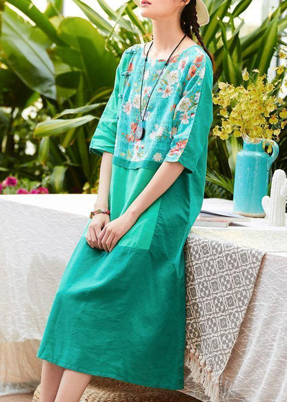 Unique O Neck Patchwork Linen Clothes for Outfits Green Print Dress Summer
