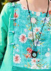 Unique O Neck Patchwork Linen Clothes for Outfits Green Print Dress Summer