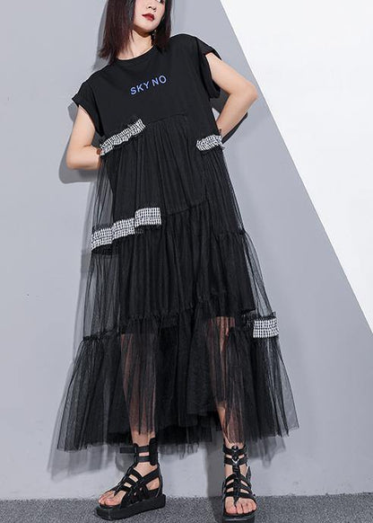 Unique O Neck Patchwork Tulle Cotton Dress Black Art Dresses Summer