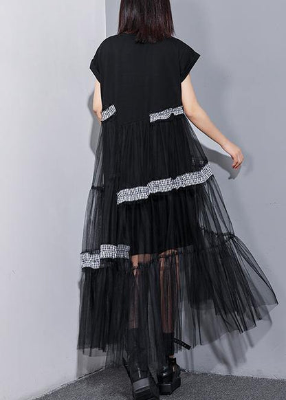 Unique O Neck Patchwork Tulle Cotton Dress Black Art Dresses Summer