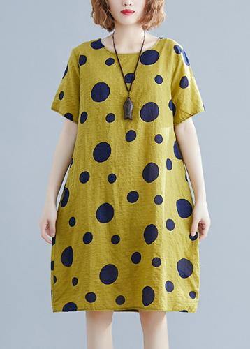 Unique O Neck Pockets Cotton Clothes Wardrobes Yellow Dotted Dresses
