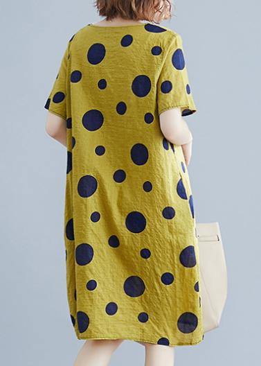 Unique O Neck Pockets Cotton Clothes Wardrobes Yellow Dotted Dresses