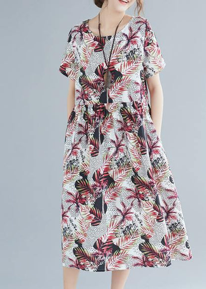 Unique O Neck Pockets Cotton Robes Omychic Pattern Red Print Clothing Dresses Summer
