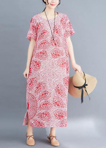 Unique O Neck Side Open Cotton Soft Surroundings Pattern Red Print Clothing Dresses Summer