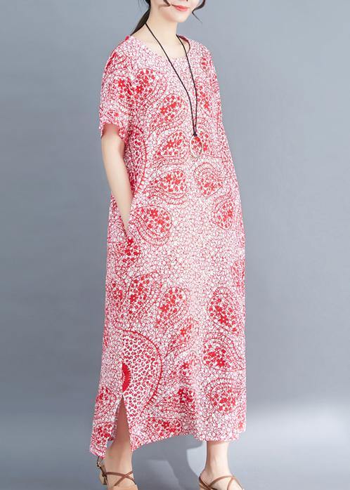 Unique O Neck Side Open Cotton Soft Surroundings Pattern Red Print Clothing Dresses Summer