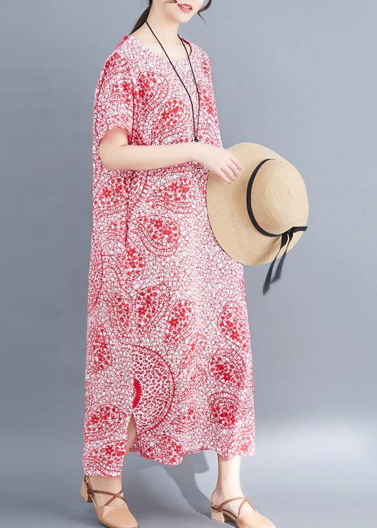 Unique O Neck Side Open Cotton Soft Surroundings Pattern Red Print Clothing Dresses Summer