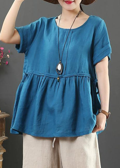 Unique O Neck Cinched Linen Summer Shirts Neckline Blue Blouses