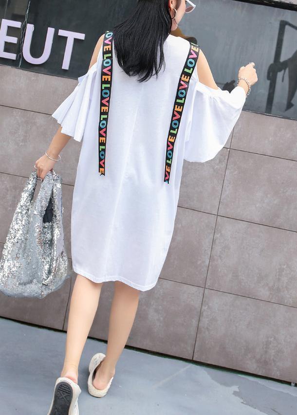 Unique Off the Shoulder Cotton Clothes Shape White Prints Dress Summer