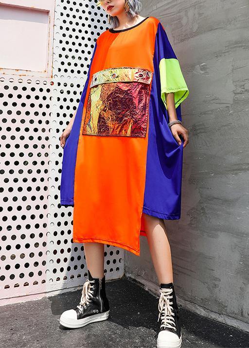 Unique Orange Blue Patchwork Chiffon for O Neck Asymmetric Maxi Summer Dress
