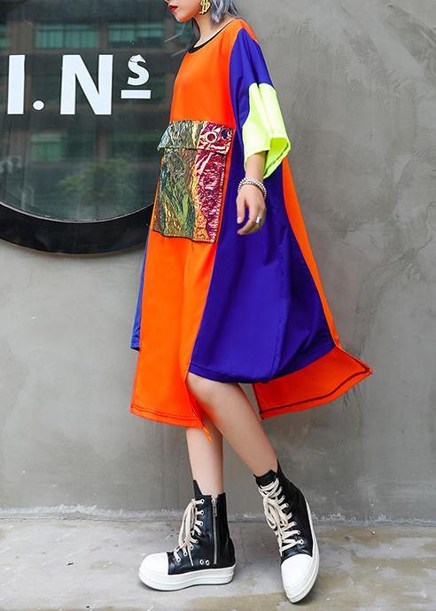 Unique Orange Blue Patchwork Chiffon for O Neck Asymmetric Maxi Summer Dress
