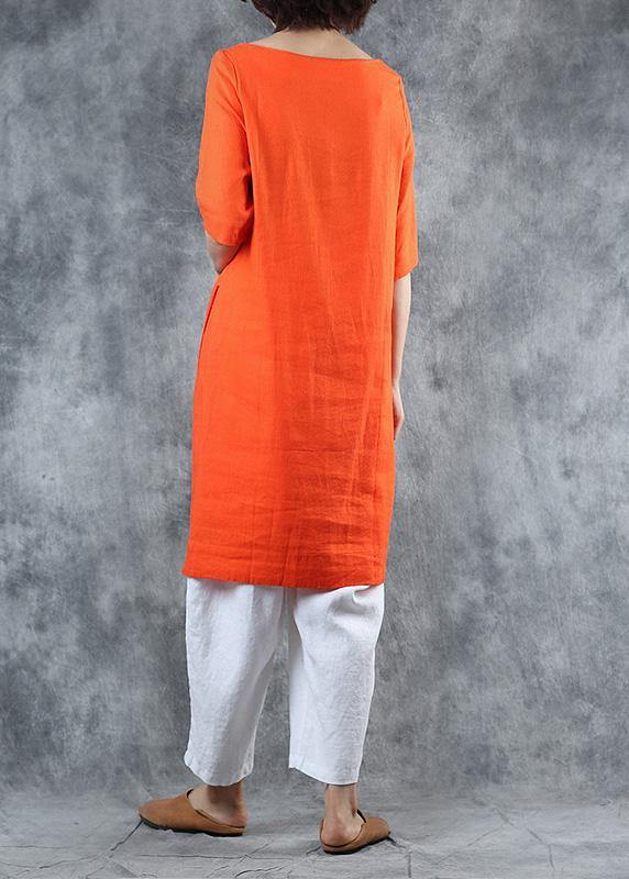 Unique Orange Linen Tops Cotton O Neck Mid Long Tops
