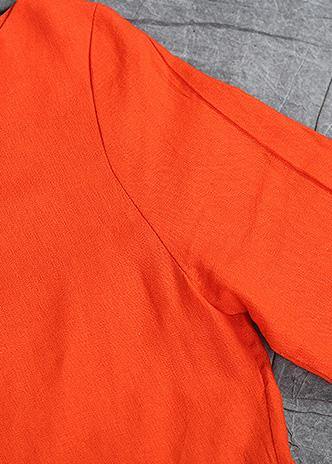 Unique Orange Linen Tops Cotton O Neck Mid Long Tops