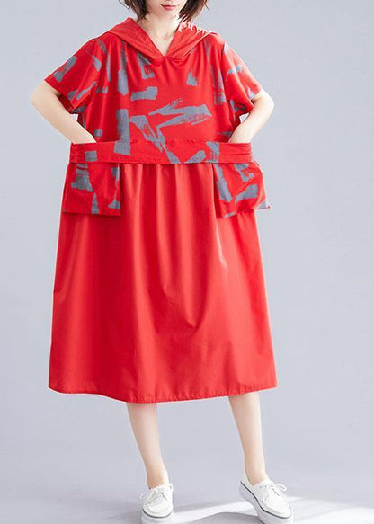 Unique Patchwork Cotton Clothes Shape Red Hooded Loose Dresses Summer