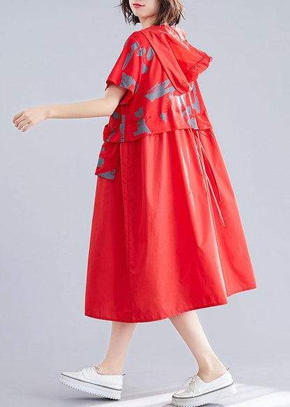 Unique Patchwork Cotton Clothes Shape Red Hooded Loose Dresses Summer