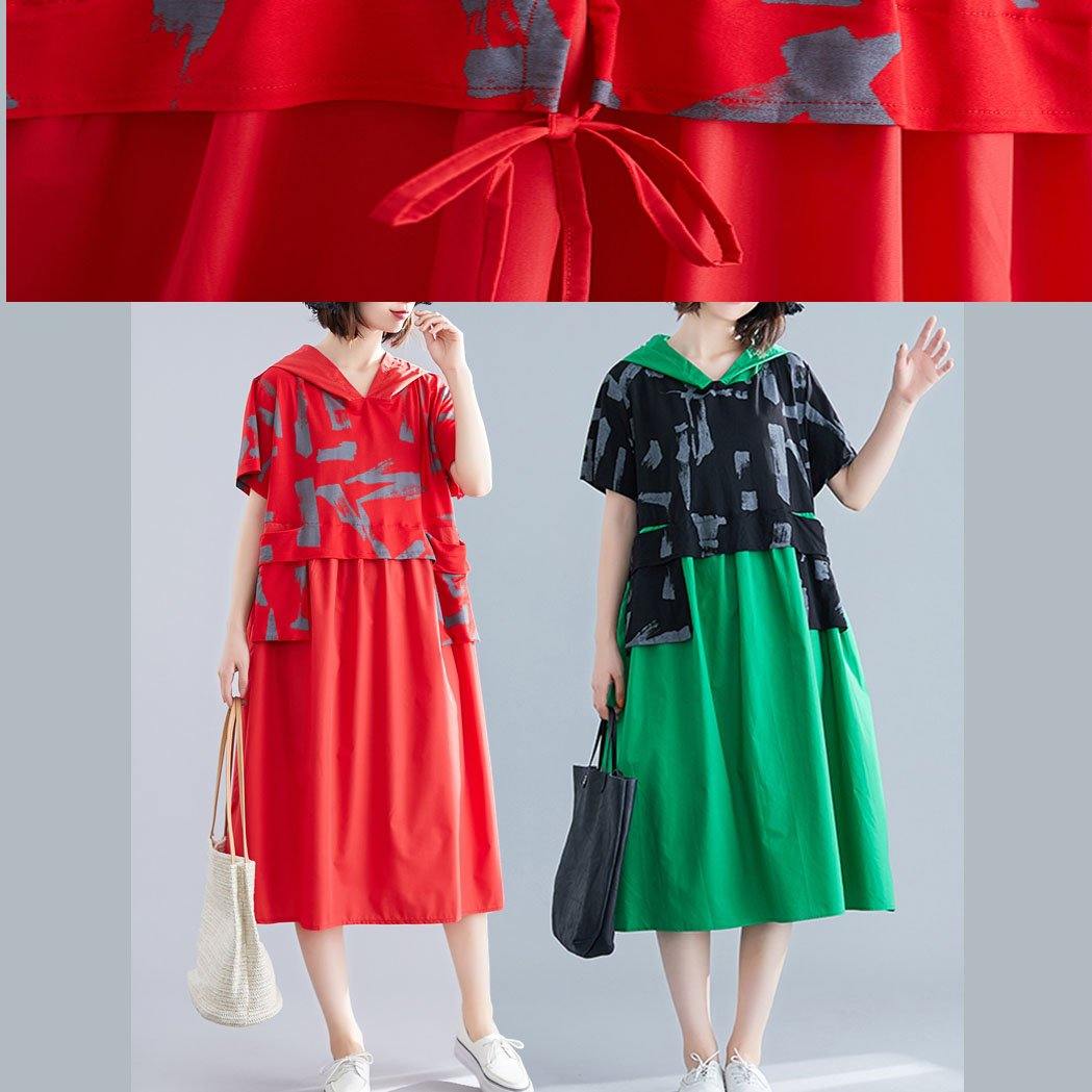 Unique Patchwork Cotton Clothes Shape Red Hooded Loose Dresses Summer
