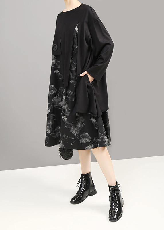 Unique Patchwork Cotton Prints Dress Shirts Black Dress