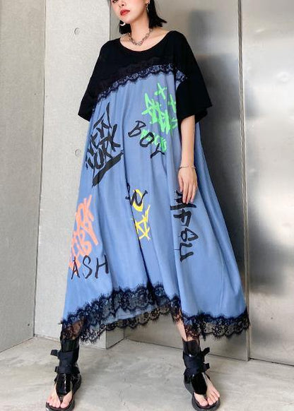 Unique Patchwork Lace Cotton Clothes Wardrobes Black Letter Loose Dress