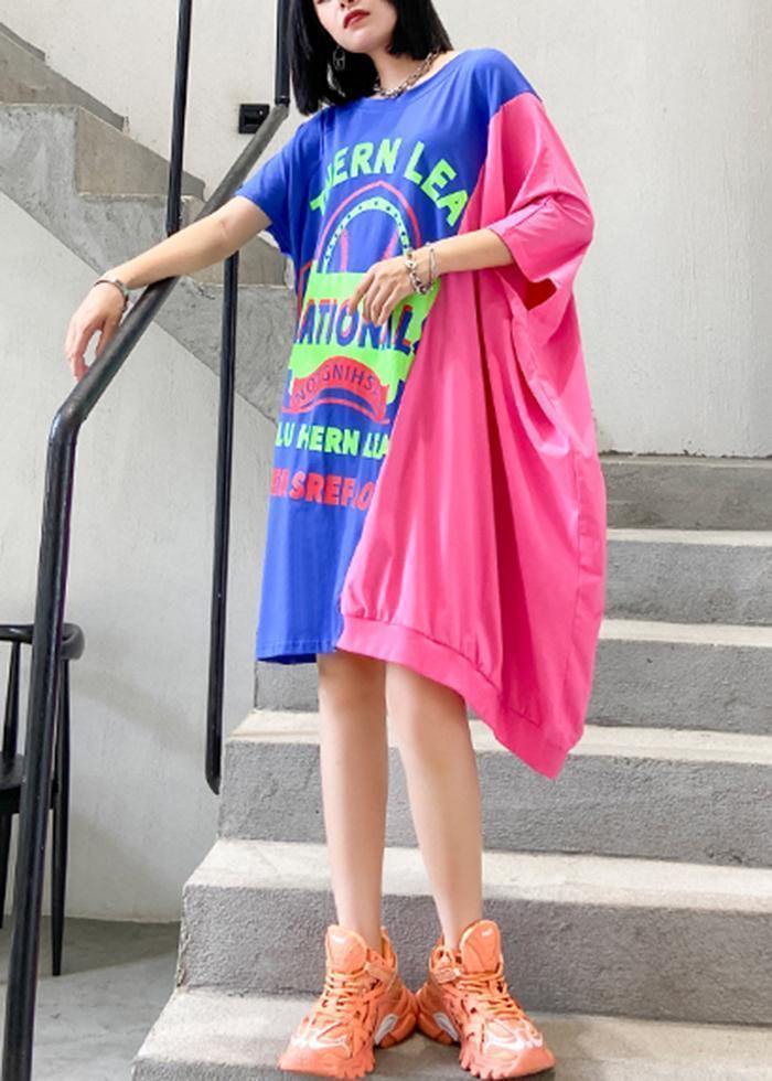Unique Patchwork O Neck Cotton Tunic Dresssewing Blue Letter Dress