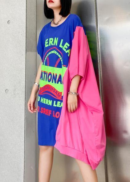 Unique Patchwork O Neck Cotton Tunic Dresssewing Blue Letter Dress