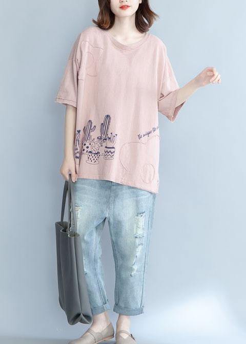 Unique Pink Prints Cotton Shirts Appliques Daily Summer Blouse