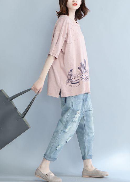Unique Pink Prints Cotton Shirts Appliques Daily Summer Blouse