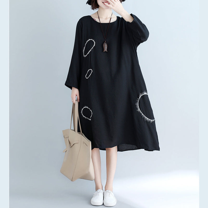 Unique Pockets Cotton Clothes Wardrobes Black Loose Dress
