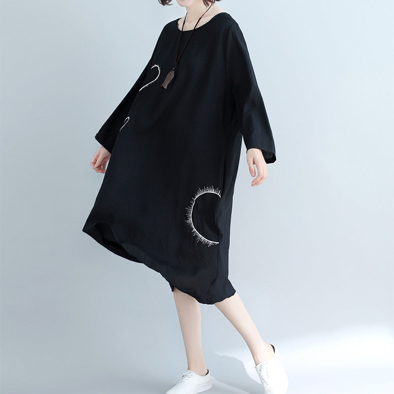 Unique Pockets Cotton Clothes Wardrobes Black Loose Dress
