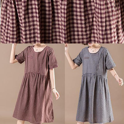 Unique Red Plaid Cotton Dresses Photography Patchwork Pockets Short Summer Dresses