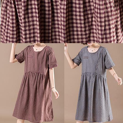 Unique Red Plaid Cotton Dresses Photography Patchwork Pockets Short Summer Dresses