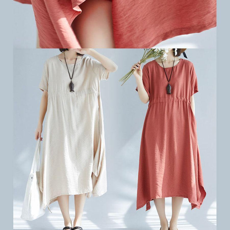 Unique Red Big Hem Cotton Linen Robes Side Open Love Summer Dresses