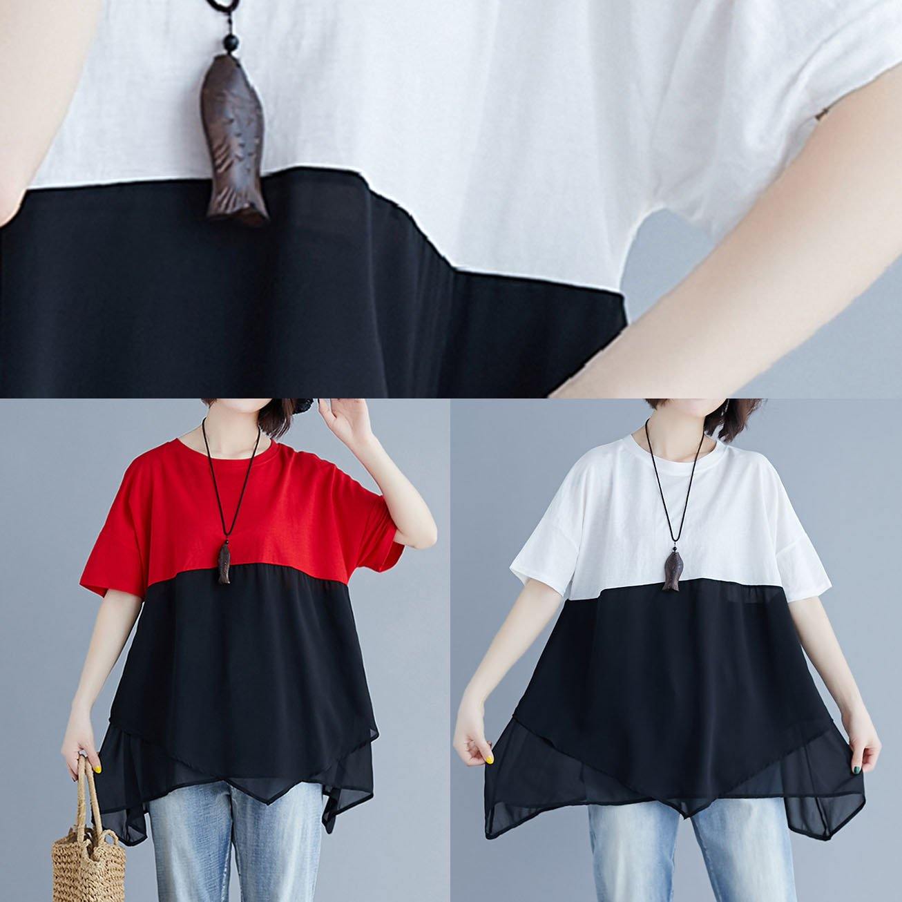 Unique Red Chiffon O Neck Patchwork Silhouette Summer Blouse