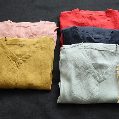 Unique Red Linen Clothes V Neck Maxi Dress